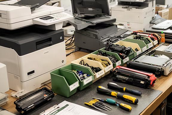 Printer service workbench at the Austin location with technicians testing refurbished equipment