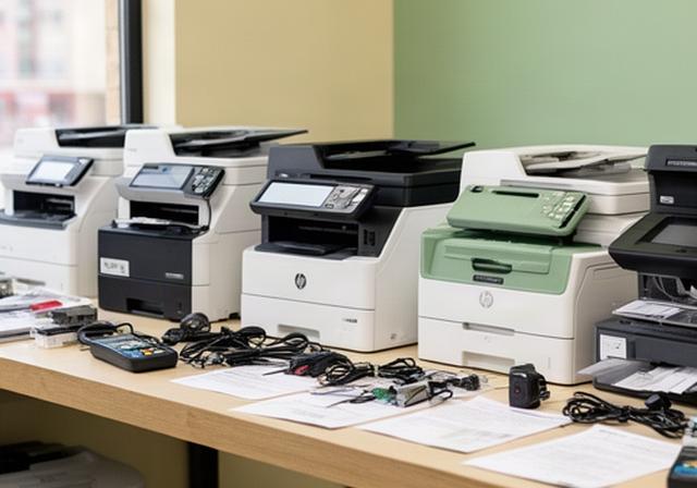 Row of tested refurbished HP and Brother printers on a workbench in an Austin service center
